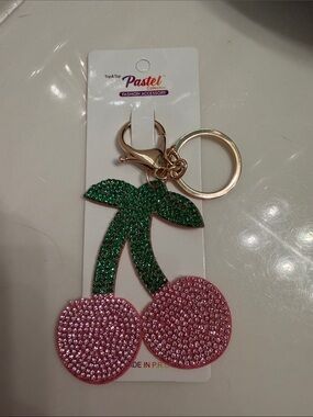 Pink & Green Rhinestone Cherry Keychain